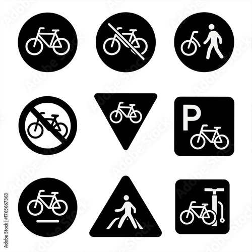 Biking and pedestrian silhouette icon set. featuring bike, no bike, pedestrian, parking, and pump symbols.