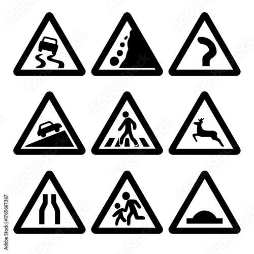 Traffic warning silhouette icons set. featuring slippery road, falling rocks, pedestrian crossing, and animal crossing symbols