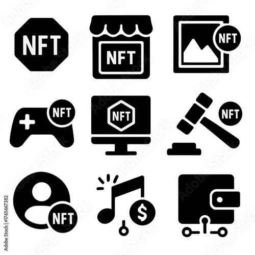 Nft silhouette icon set. featuring market, art, gaming, auction, profile, music, and wallet symbols