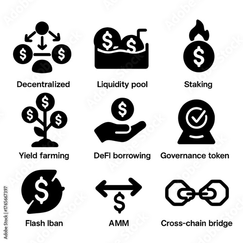 Cryptocurrency silhouette icon set. featuring decentralized, liquidity, staking, yield, defi, governance, amm