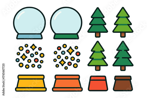 Modular snow globe components set featuring glass domes, colorful bases, evergreen trees, and confetti