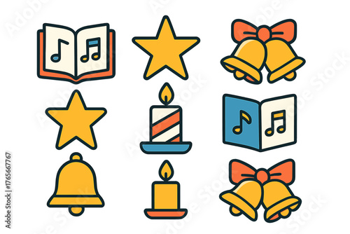 Set of Christmas and holiday symbols including bells, stars, candles, and carol books