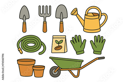 Essential collection of gardening equipment supplies and hand tools for spring planting