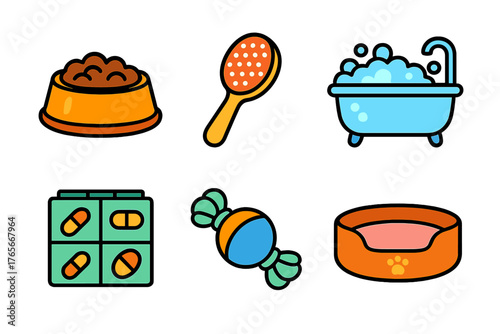 Essential accessories for domestic pet care including food bowl grooming brush bath tub medicine and bed