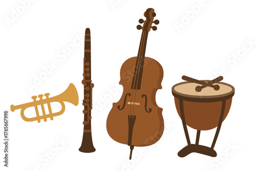 Assortment of classical orchestral instruments: trumpet, woodwind, cello, and timpani drum isolated on white