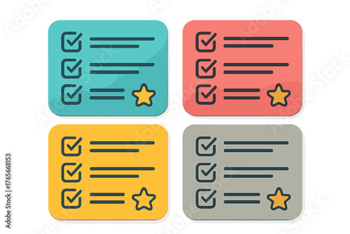Colorful checklist icons with checkmarks and a star rating symbol for task completion and feedback