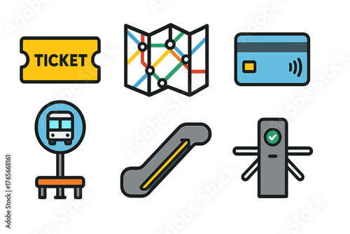 Essential icons for public transportation travel planning, ticketing, and payment methods