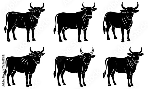 Strong black cattle silhouettes for ranching, farming and livestock projects, evoking strength, tradition, and rural charm. Perfect for branding and design.