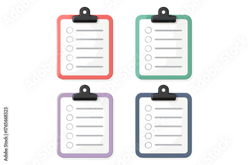 Set of four colorful clipboards holding blank checklist forms for notes and tasks