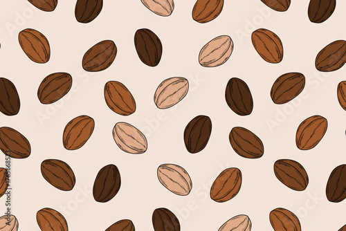 Seamless coffee bean with various brown tone pattern on white background