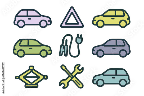 Colorful set of automotive symbols showing cars, warning sign, jumper cables, car jack, and mechanic tools
