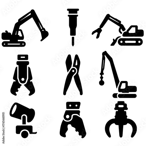 Construction equipment silhouette icon set. featuring excavator, jackhammer, crane, scissors, mixer, claw, grab symbols