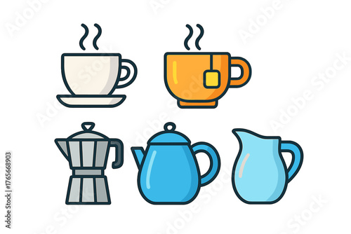 Colorful hot beverage and kitchen serving ware collection including cups, teapots, and coffee makers