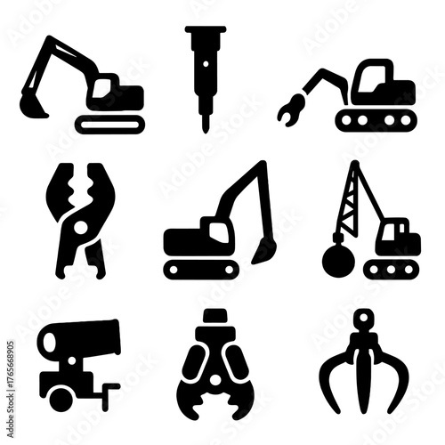 Construction equipment silhouette icon set. featuring excavator, jackhammer, crane, claw, bulldozer, and drill symbols
