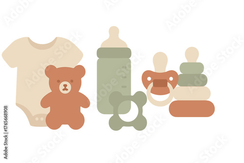 Minimalist collection of essential baby items including clothes, toys, bottle, and pacifier