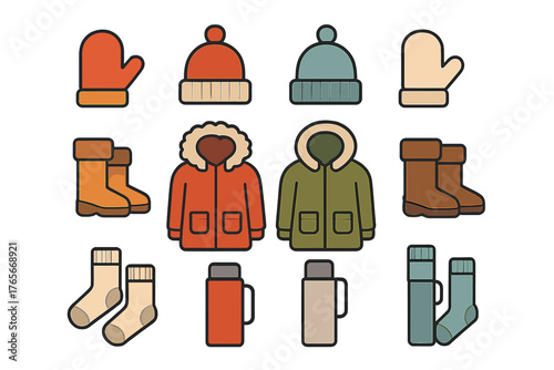 Essential winter clothing and outdoor gear collection including coats, hats, boots, and thermoses