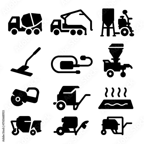 Construction equipment silhouette icon set. featuring mixer, crane, silo, roller, paver, trowel, screed symbols