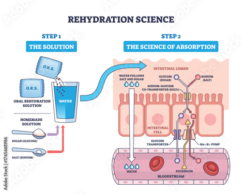 Rehydration science explains how ORS water with sugar and sodium is absorbed through intestinal cells into the bloodstream, key objects, ORS packet, water glass, intestinal lumen. Outline diagram