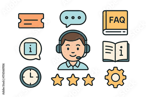 Customer service support icons featuring agent headset FAQ book and rating stars