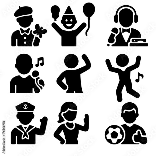 Children's activities silhouette icon set. featuring magician, clown, singer, dancer, sailor, athlete symbols