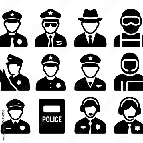 Police silhouette icon set. featuring officer, detective, helmet, badge, shield, headset, and security symbols