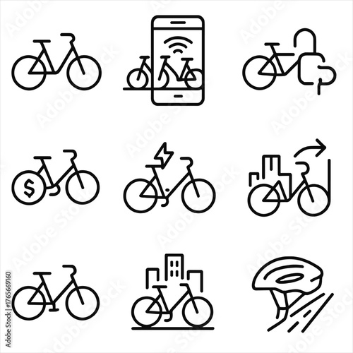 Cycling linear icon set. featuring bicycle, app, lock, money, electric, route, city, sharing, helmet