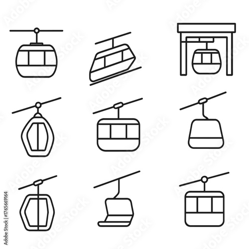 Cable car linear icon set. featuring gondola, lift, transport, ropeway, cableway, aerial tramway, ski lift designs