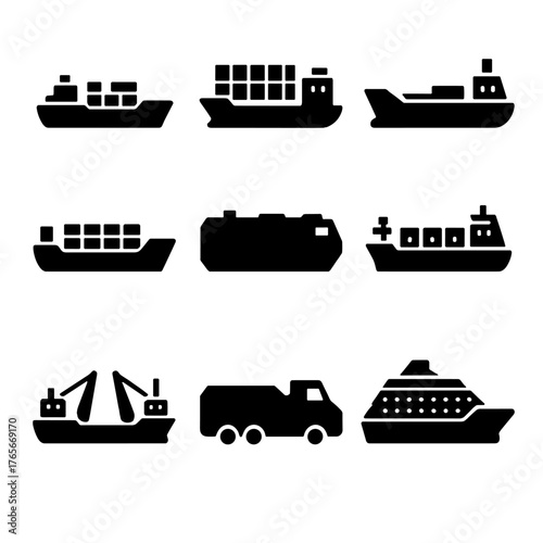 Transport silhouette icon set. featuring cargo ship, container ship, tanker, and cruise liner symbols