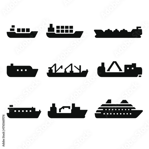 Transport silhouette icon set. cargo, container, tanker, ferry, cruise, passenger, freight, vessel, ship, marine