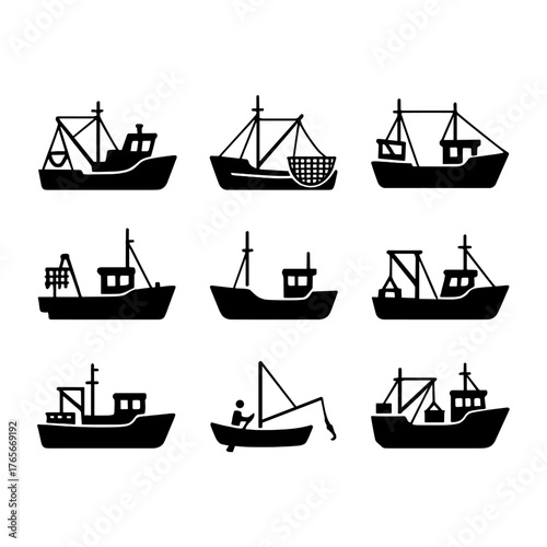 Fishing boats silhouette icon set. featuring trawler, net, fishing, ship, sail, anchor, and rowboat symbols