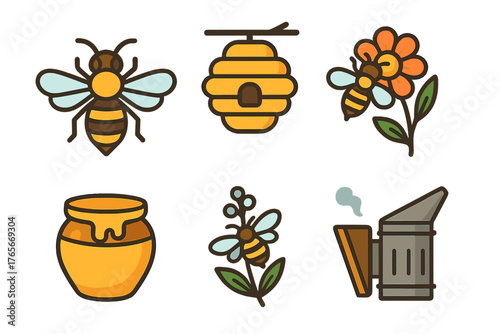 Colorful honeybee and beekeeping symbols: hive, smoker, flower, and honey jar