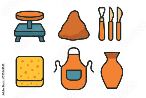 Pottery and ceramic art creation equipment set with wheel, raw clay, apron, and sculpting tools