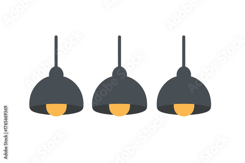 Three modern dark gray pendant lamps hanging in a row with warm glowing light bulbs