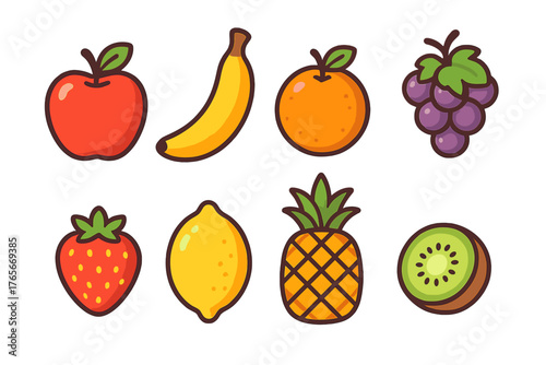 Colorful cartoon fruit set featuring apple banana orange grapes strawberry lemon pineapple and kiwi