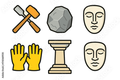 Stone carving and sculpting tools set with mallet, chisel, rock, gloves, and pedestal