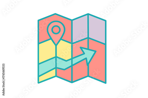 Colorful folded map showing navigation route with arrow and location pin marker