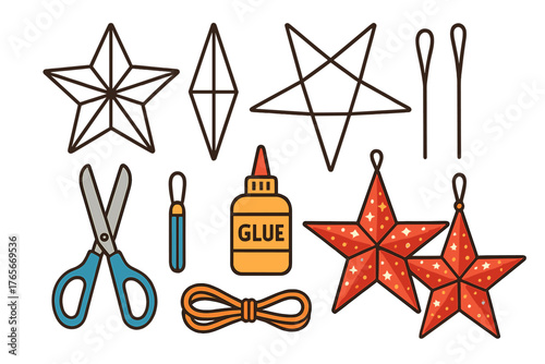 Crafting supplies set for making DIY holiday star decorations with scissors, glue, string, and finished ornaments