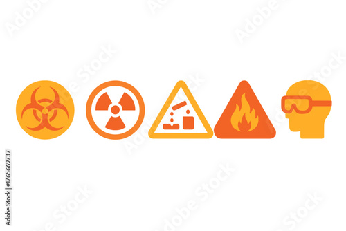 Essential safety and hazard warning symbols including biohazard, radiation, corrosive, fire, and protective eyewear