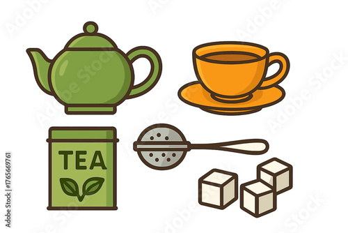Green teapot, orange teacup, tea canister, strainer, and sugar cubes isolated on white