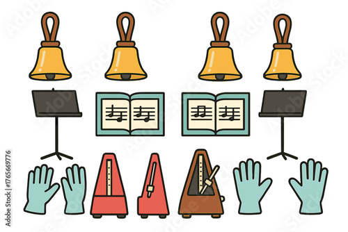 Musical instruments and accessories collection including handbells, metronomes, and sheet music stands