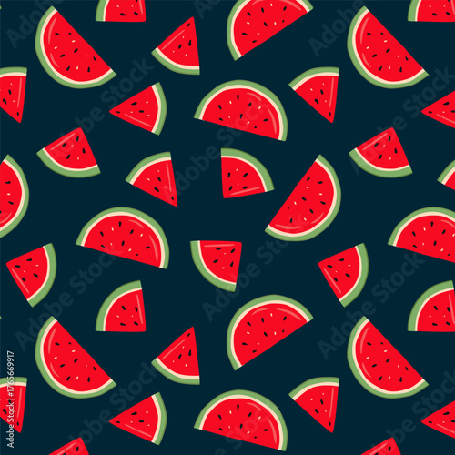 Seamless vector pattern with bright red watermelon slices and green rinds on a dark background. Perfect for summer fabric, wrapping paper, kitchen textiles, party decor, and fresh fruit designs.