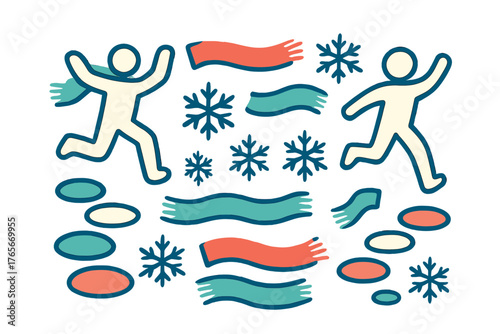 Stylized figures running through snow patches surrounded by falling snowflakes