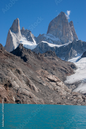 Panoramic view of Mount Fitz Roy in Chalten, Argentinean Patagonia, with mountain lake in the foreground