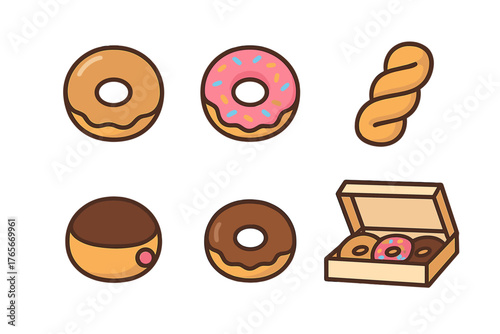 Assortment of sweet glazed and frosted donuts, twisted pastry, and a box of baked goods