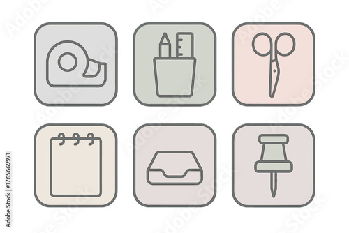 Collection of six essential office and stationery supply icons in muted pastel colors