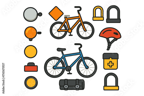 Collection of cycling equipment and accessories including bicycles, helmet, locks, lights, and first aid kit