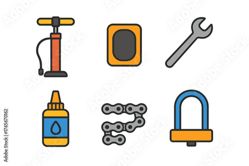 Set of essential cycling gear and repair tools including pump, chain, wrench, and security lock