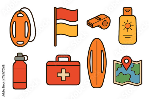 Essential lifeguard and beach safety equipment set: rescue buoy, first aid kit, whistle, and sunscreen
