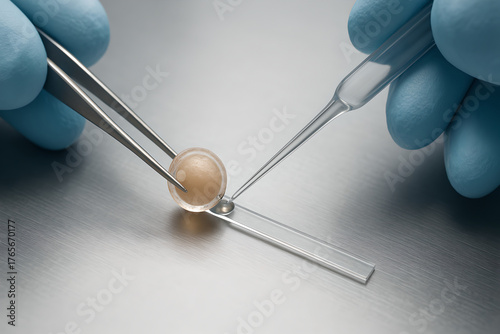 Photorealistic 3D medical scene of Oocyte Freezing (vitrification), MII oocyte with visible zona pellucida and first polar body on a sterile dish under laminar-flow hood, microdroplets