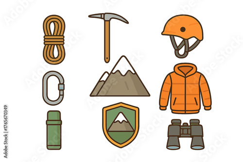 Collection of essential equipment and tools for mountain climbing and hiking adventures